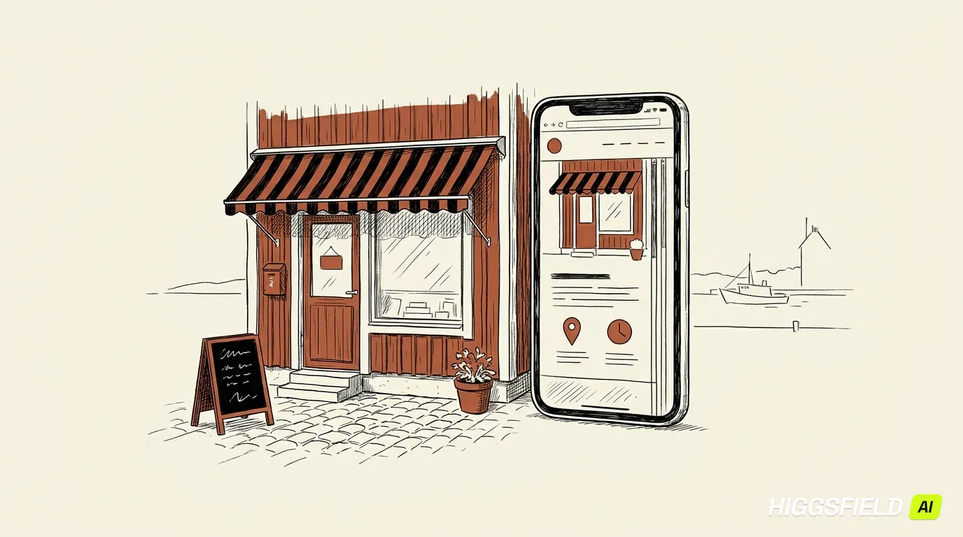 Tecknad butik med randig markis bredvid en mobil som visar samma butik som hemsida, med karta och öppettider.