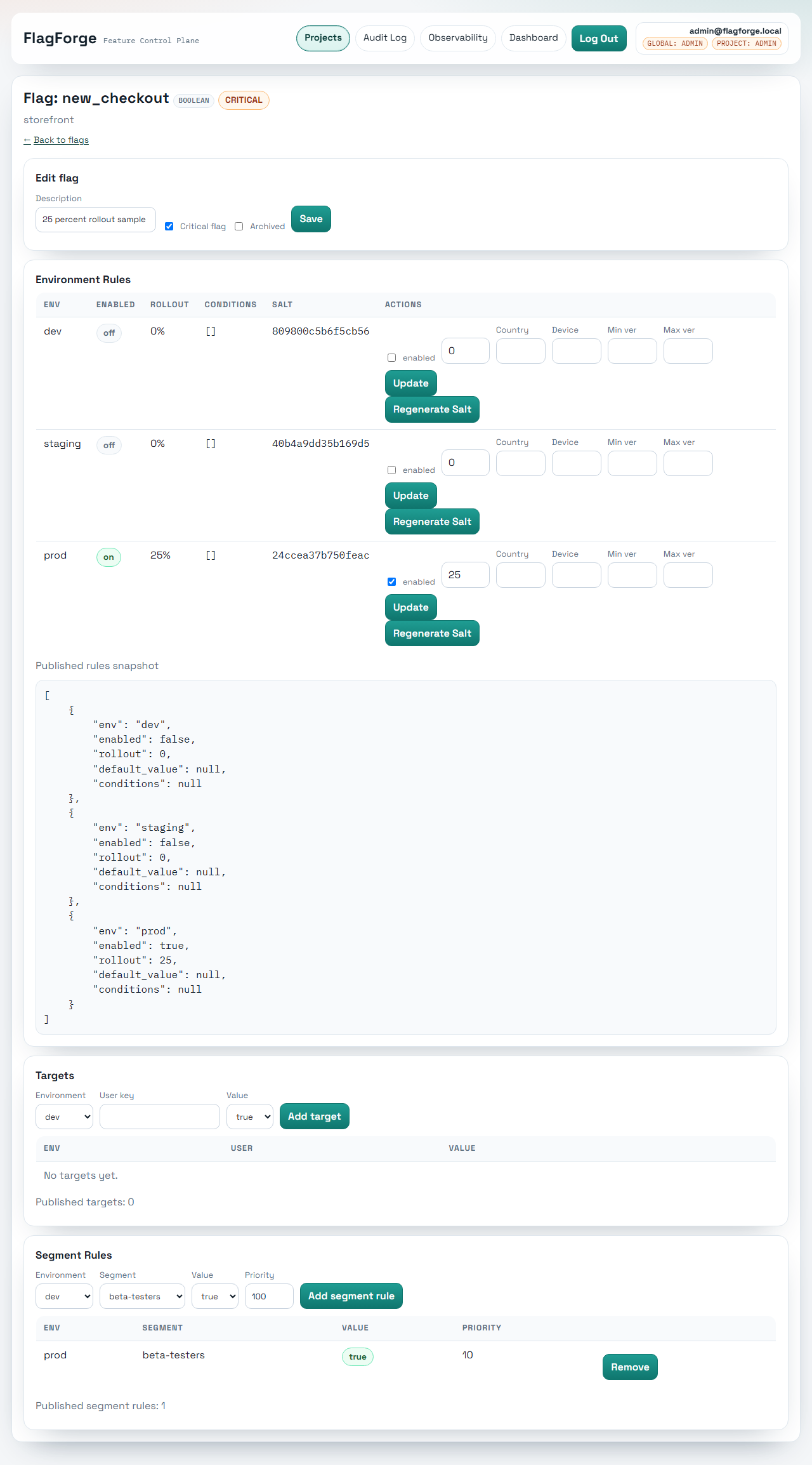 Flag detail view: a 25% prod rollout, a critical-flag marker, and a beta-testers segment rule