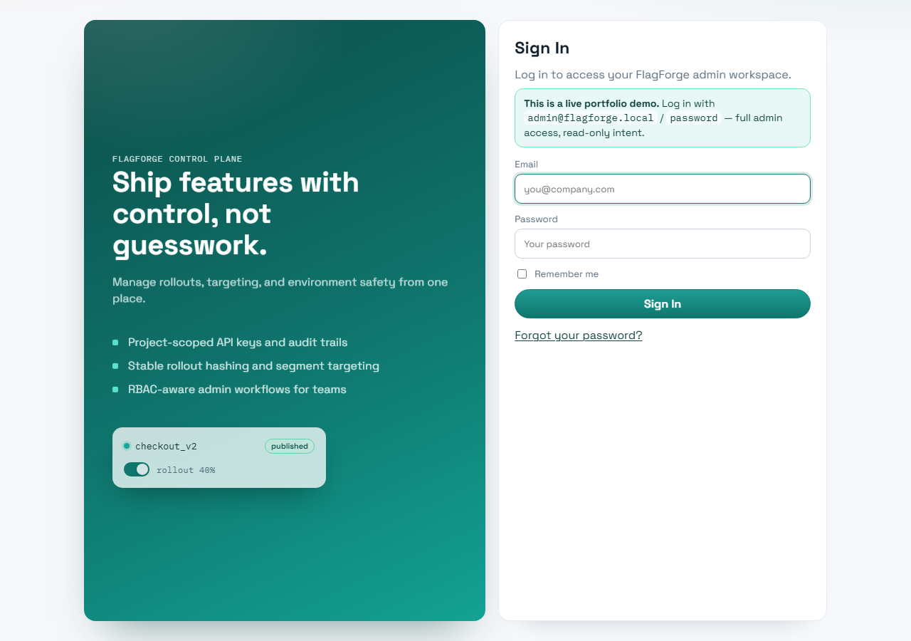 Sign-in page with the FlagForge control plane hero