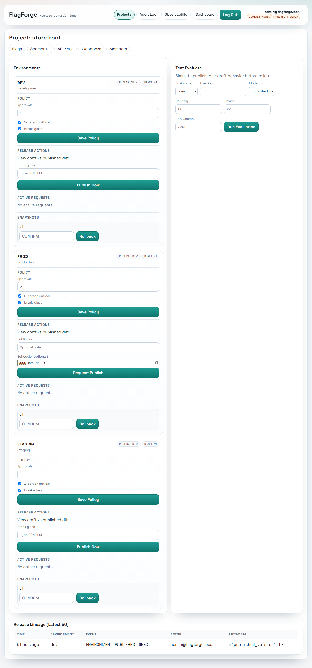 Per-environment release workflow: policy, publish, snapshots, and test evaluation
