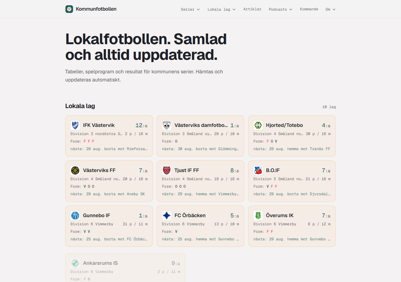 Home page with local teams, standings position, and form