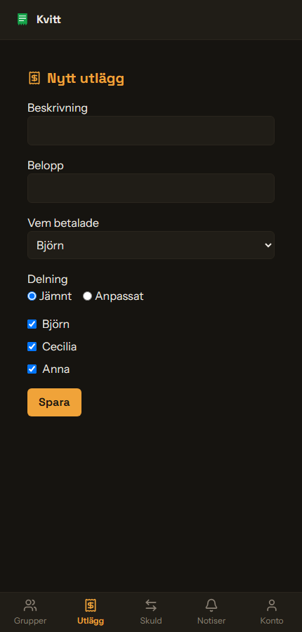 Formulär för nytt utlägg med jämn/anpassad delning